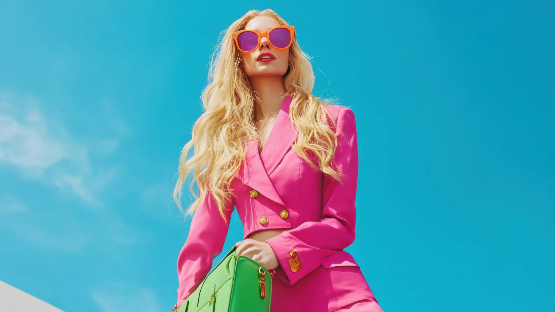 kobieta w różowym stroju na tle błekitnego nieba