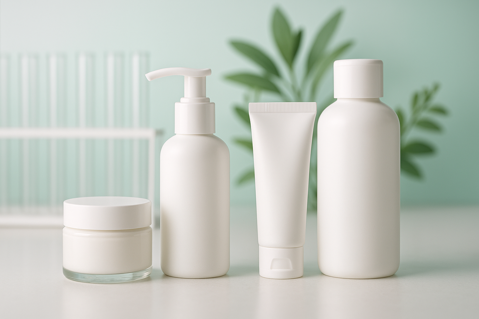 Puste opakowania kosmetyków stojące w laboratorium, symbolizujące model private label