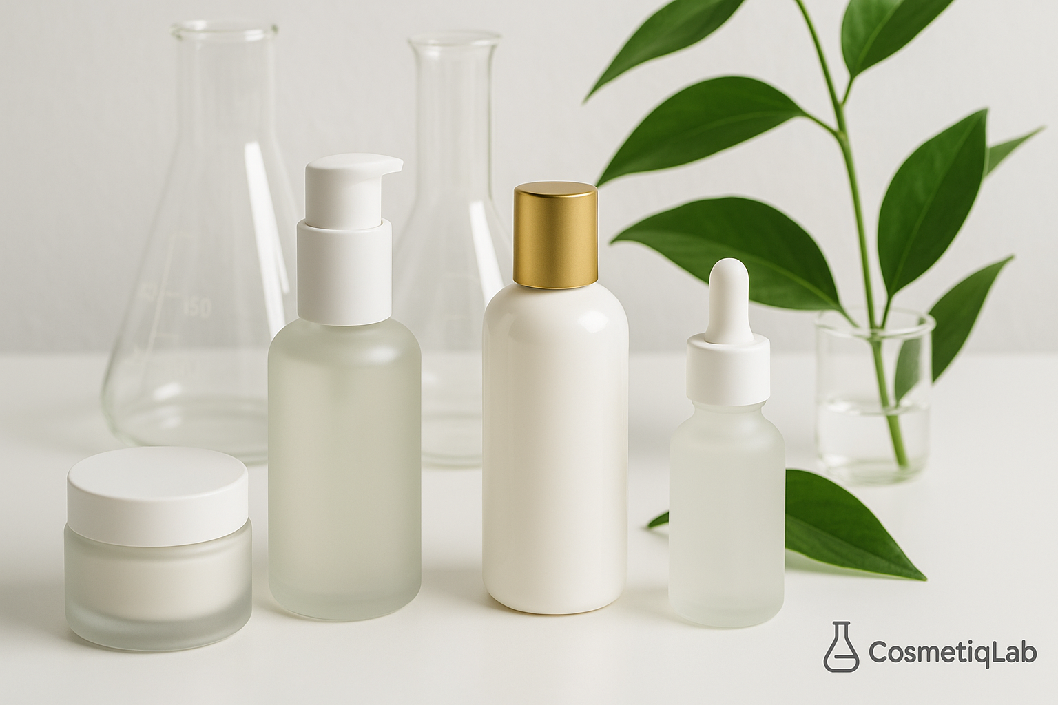 Luksusowe kosmetyki pod marką własną na białym tle z pipetą i szkłem laboratoryjnym