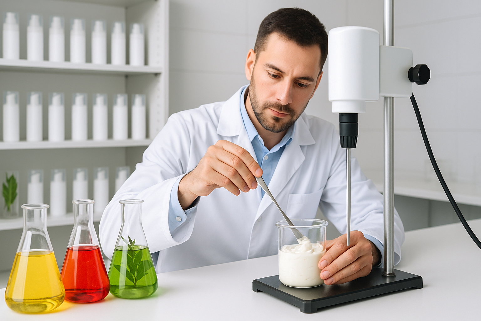 Technolog CosmetiqLab opracowuje recepturę kosmetyku w laboratorium