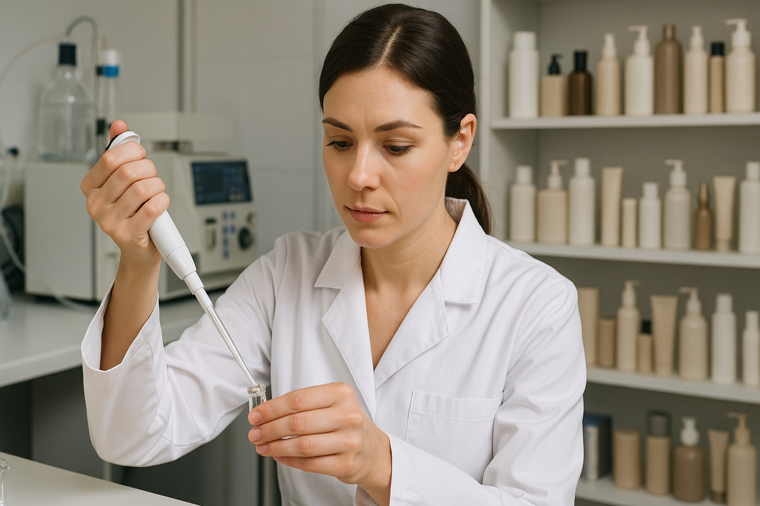 Laboratoryjne badania kosmetyków – pipetowanie próbki w nowoczesnym laboratorium