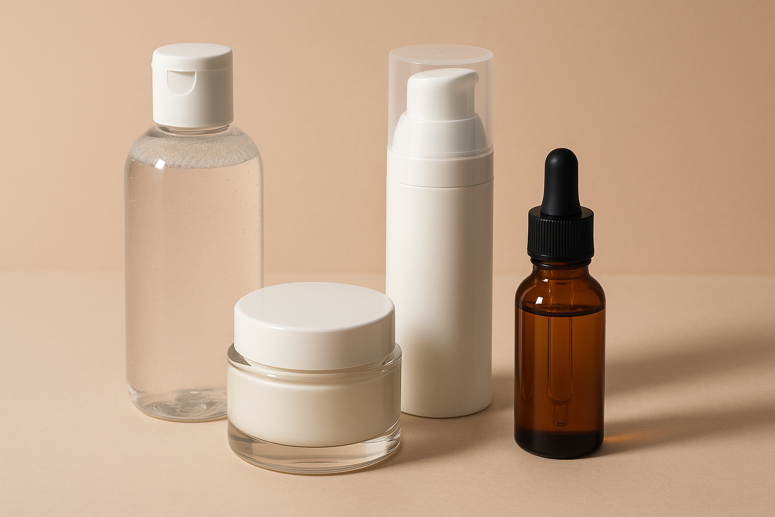 Różnorodne opakowania kosmetyków – butelka, słoik, airless i pipeta na pastelowym tle