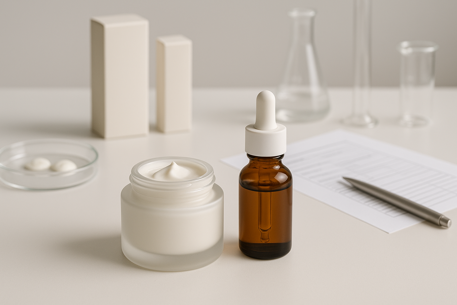 Produkcja kremów i serum pod marką własną – słoiczek kremu, butelka serum i materiały do tworzenia receptury